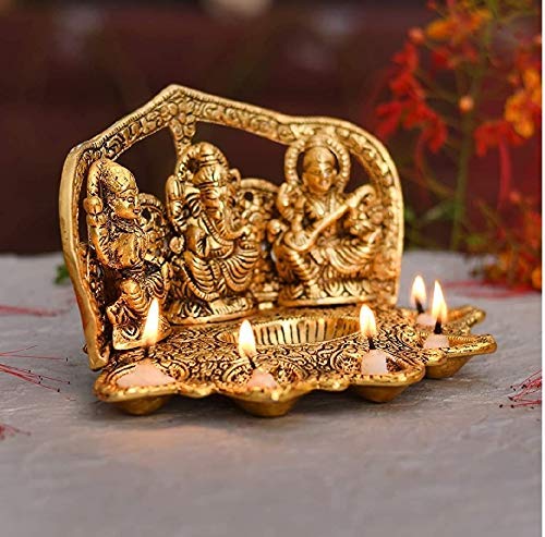 Lavanaya Silver - Laxmi Ganesh Saraswati Idol with 5 Diyas Showpiece for Home Décor and Diwali Pooja (Gold, 23X15X12 cm) Diwali Gift, Laxmi Ganesh Idol for Gift (Golden) - Image 4