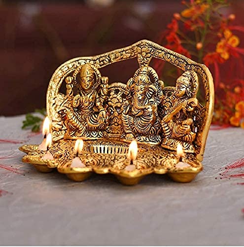 Lavanaya Silver - Laxmi Ganesh Saraswati Idol with 5 Diyas Showpiece for Home Décor and Diwali Pooja (Gold, 23X15X12 cm) Diwali Gift, Laxmi Ganesh Idol for Gift (Golden) - Image 5