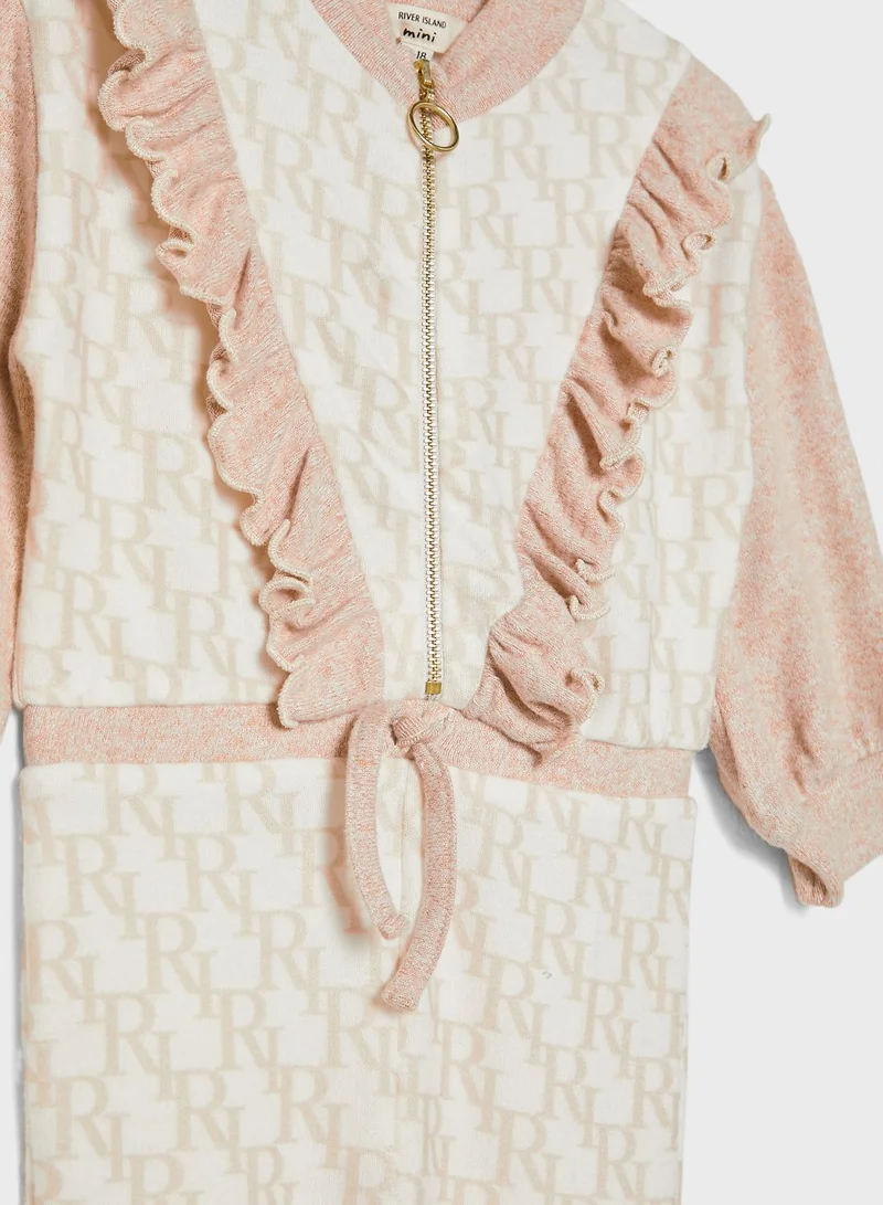 RIVER ISLAND Kids Monogram Print Frill Detail Jumpsuit