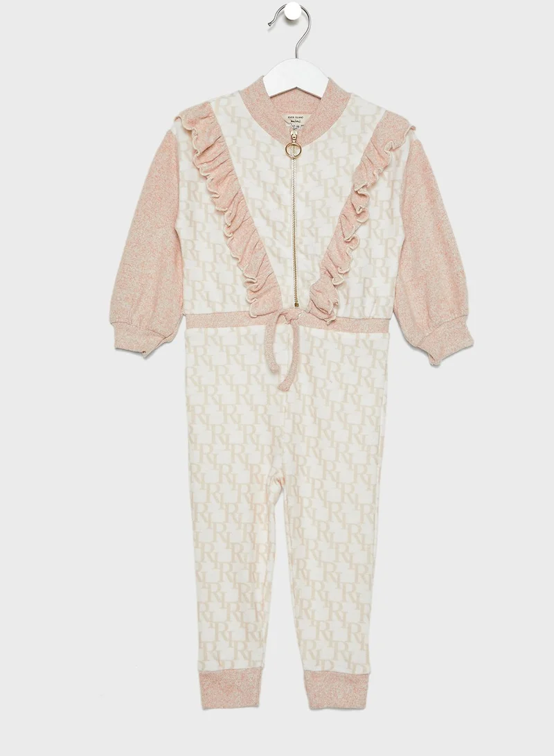 RIVER ISLAND Kids Monogram Print Frill Detail Jumpsuit
