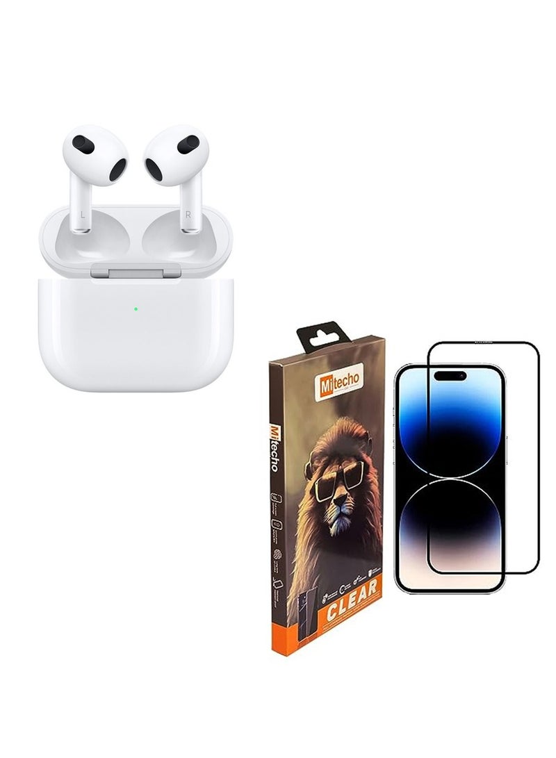 Mi Techo iPhone 15 full coverage clear tempered glass screen protector and deep bass wireless bluetooth earphone Combo - Image 1