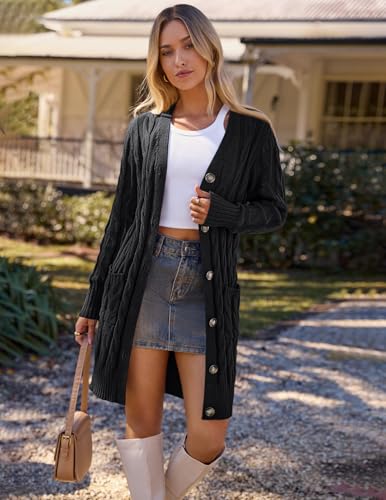 MEROKEETY Women's 2025 Long Sleeve Cardigan Sweater Fall Winter Cable Knit Open Front Button Long Outerwear, Black, L - Image 2
