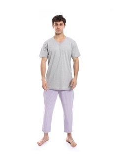 Short Sleeve Checkered Pattern Pants Pajama Set _ Light Gray & Purple