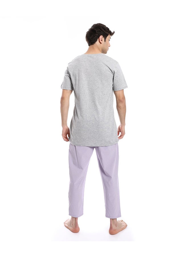 Andora - Short Sleeve Checkered Pattern Pants Pajama Set _ Light Gray & Purple - Image 1