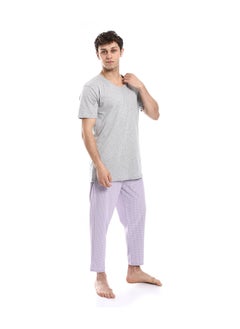 Andora Short Sleeve Checkered Pattern Pants Pajama Set _ Light Gray & Purple  - Image 4