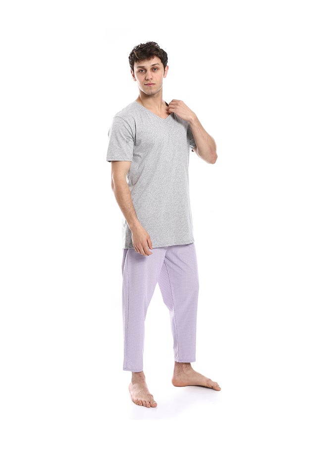 Andora - Short Sleeve Checkered Pattern Pants Pajama Set _ Light Gray & Purple - Image 1