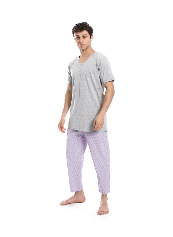Andora - Short Sleeve Checkered Pattern Pants Pajama Set _ Light Gray & Purple - Image 1