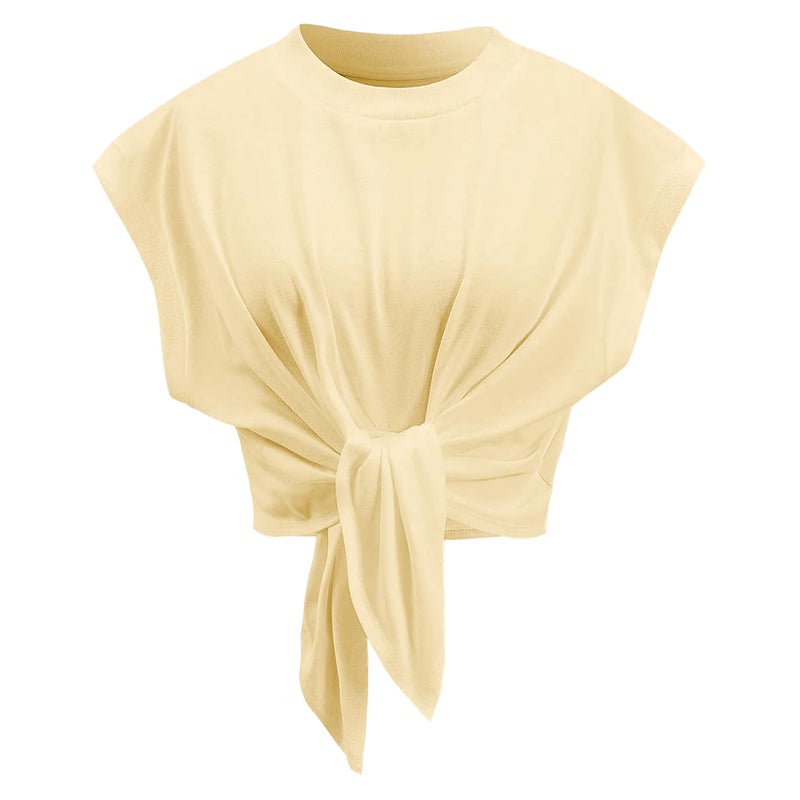 SeeLuNa Tank Top for Women Crew Neck Cap Sleeve Tie Front Pullover Ruched T-Shirt Tops Summer Beach Crop Tee Shirts Blouse(Yellow,XL) - Image 1