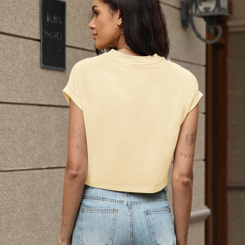 SeeLuNa Tank Top for Women Crew Neck Cap Sleeve Tie Front Pullover Ruched T-Shirt Tops Summer Beach Crop Tee Shirts Blouse(Yellow,XL) - Image 2