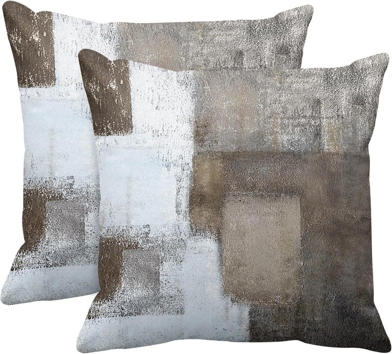 Britimes Throw Pillow Covers Modern Home Art Decor, 16 x 16 Inches Set of 2 Abstract Oil Painting Pillowcases for Bedroom, Living Room, Cushion Couch Sofa, Beige Home Grey Brown - Image 1