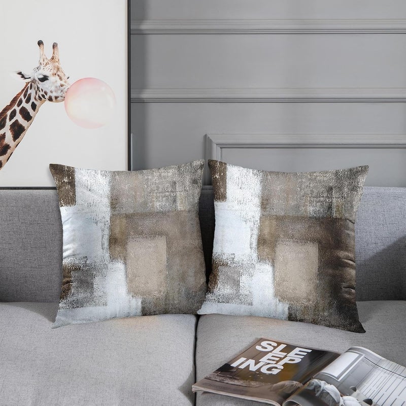 Britimes Throw Pillow Covers Modern Home Art Decor, 16 x 16 Inches Set of 2 Abstract Oil Painting Pillowcases for Bedroom, Living Room, Cushion Couch Sofa, Beige Home Grey Brown - Image 3