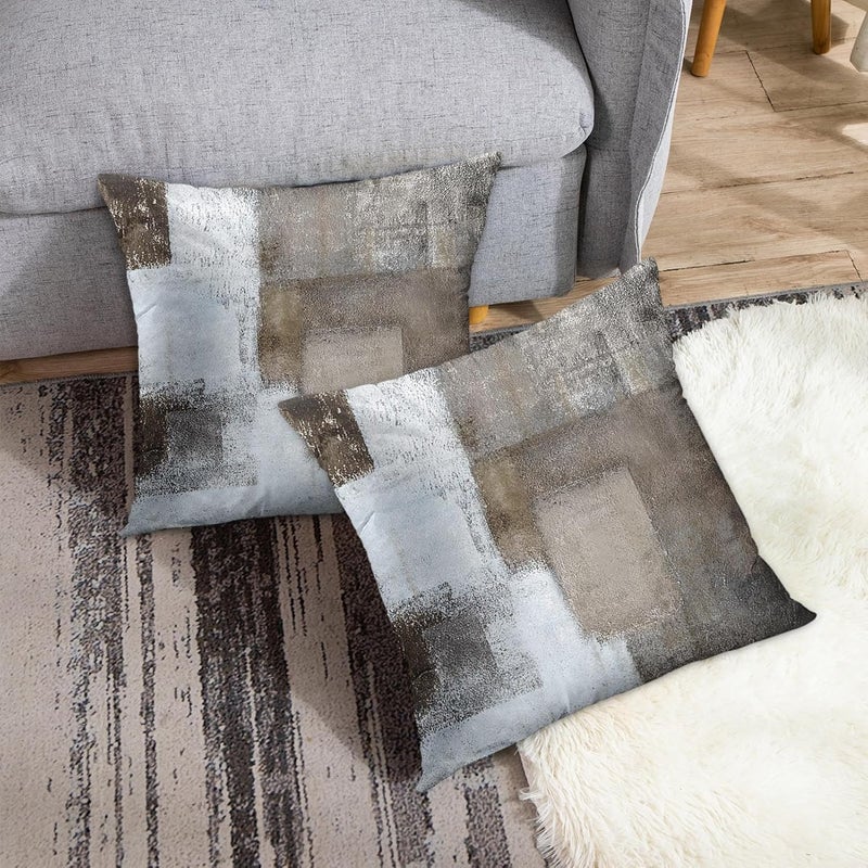 Britimes Throw Pillow Covers Modern Home Art Decor, 16 x 16 Inches Set of 2 Abstract Oil Painting Pillowcases for Bedroom, Living Room, Cushion Couch Sofa, Beige Home Grey Brown - Image 4
