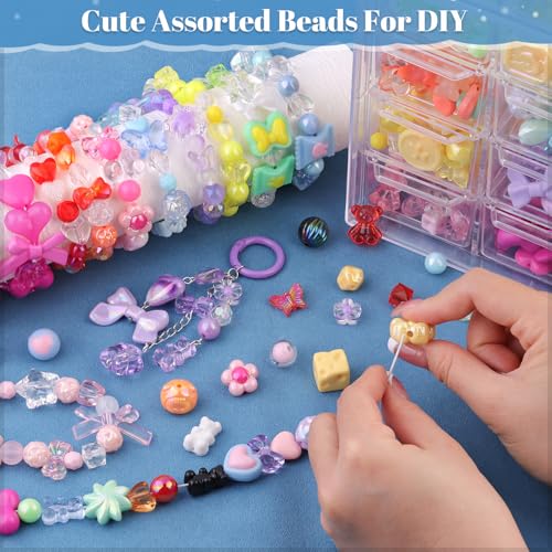 TINKRSTUFF Assorted Acrylic Beads, 390-450PCS 9 Mixed Colors Cute Beads for Bracelet Making, Aesthetic GummyBear Bow Flower Butterfly Kawaii Charms for Jewelry Making DIY Necklace Keychain Phone Charm - Image 4