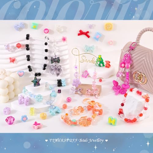 TINKRSTUFF Assorted Acrylic Beads, 390-450PCS 9 Mixed Colors Cute Beads for Bracelet Making, Aesthetic GummyBear Bow Flower Butterfly Kawaii Charms for Jewelry Making DIY Necklace Keychain Phone Charm - Image 5
