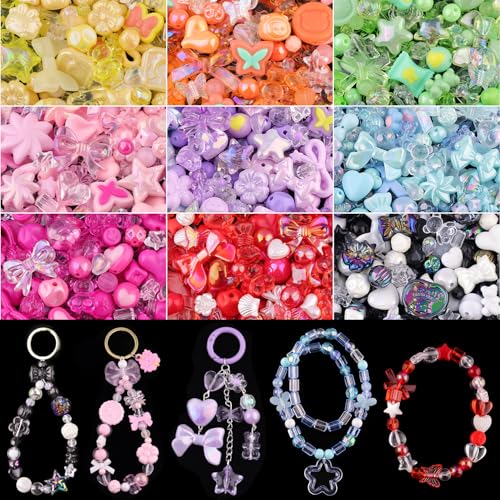 TINKRSTUFF Assorted Acrylic Beads, 390-450PCS 9 Mixed Colors Cute Beads for Bracelet Making, Aesthetic GummyBear Bow Flower Butterfly Kawaii Charms for Jewelry Making DIY Necklace Keychain Phone Charm - Image 1