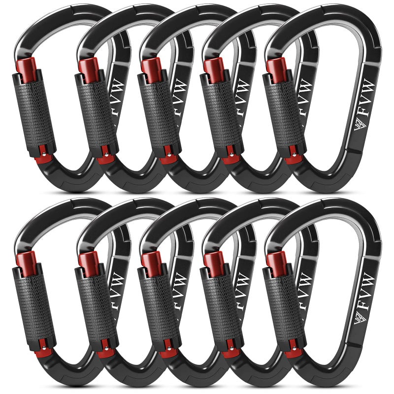 FVW Auto Locking Rock Climbing Carabiners UIAA Certified Professional 25KN 5620 lbs Heavy Duty Caribeaners for Rappelling Swing Rescue Gym etc Large DShaped Carabiners Black 10 Pack