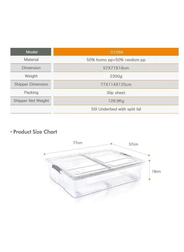 Premify - Premify 55L Plastic Storage Box With Dual Lid & Wheels | Slim Under Bed Plastic Organizer – Stackable Transparent Box Storing Clothes, Toys, Shoes, Tools, Medicine, Office Supplies, Crafts, Kitchen - Image 1