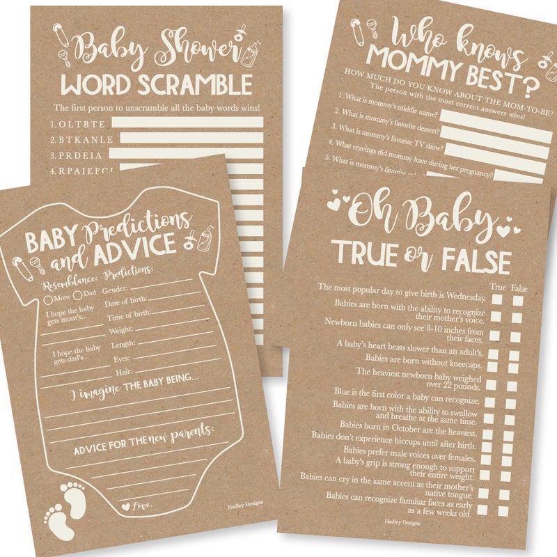 Hadley Designs Baby Shower Games for 40 Guests - Baby Predictions & Advice Cards for New Parents, Word Scramble, Who Knows Mommy Best, True or False, Funny Babyshower Games for Boy Girl Gender Neutral - Image 1