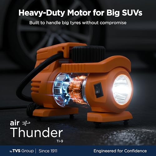 myTVS Air Thunder Tyre Inflator for Car and Bike with LED Torch (150 PSI, Analog Meter, Metal Body, 3m Cord) | Air Pump for Car Tyre Inflator Pump for Sedan and SUV TI-88, 1+1 Years Warranty - Image 3