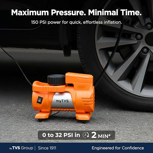 myTVS Air Thunder Tyre Inflator for Car and Bike with LED Torch (150 PSI, Analog Meter, Metal Body, 3m Cord) | Air Pump for Car Tyre Inflator Pump for Sedan and SUV TI-88, 1+1 Years Warranty - Image 2