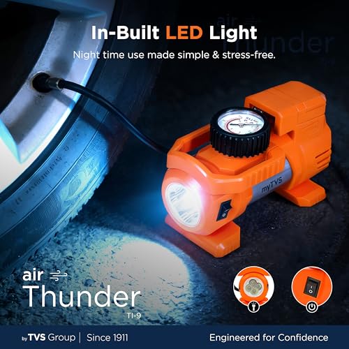 myTVS Air Thunder Tyre Inflator for Car and Bike with LED Torch (150 PSI, Analog Meter, Metal Body, 3m Cord) | Air Pump for Car Tyre Inflator Pump for Sedan and SUV TI-88, 1+1 Years Warranty - Image 5
