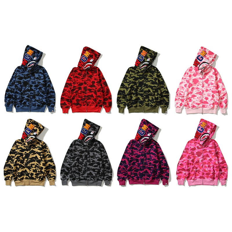 Japanese Style Trendy Brand Shark Camouflage Printed Velvet Sweatshirt For Men And Women Couples Casual Zipper Cardigan Hooded Hip-Hop Jacket - Image 2