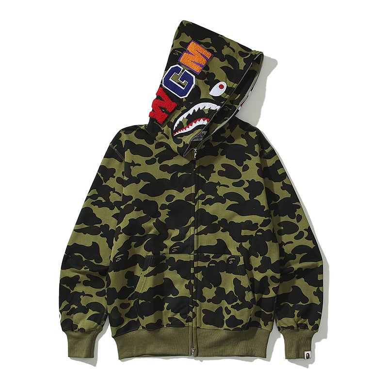 Japanese Style Trendy Brand Shark Camouflage Printed Velvet Sweatshirt For Men And Women Couples Casual Zipper Cardigan Hooded Hip-Hop Jacket - Image 5