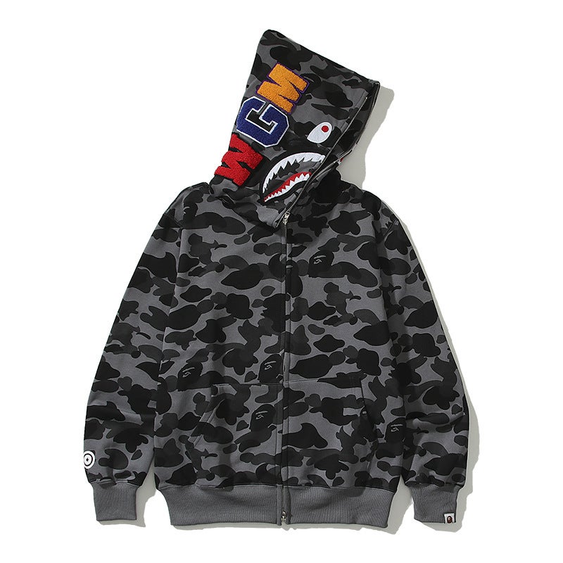 Japanese Style Trendy Brand Shark Camouflage Printed Velvet Sweatshirt For Men And Women Couples Casual Zipper Cardigan Hooded Hip-Hop Jacket - Image 4
