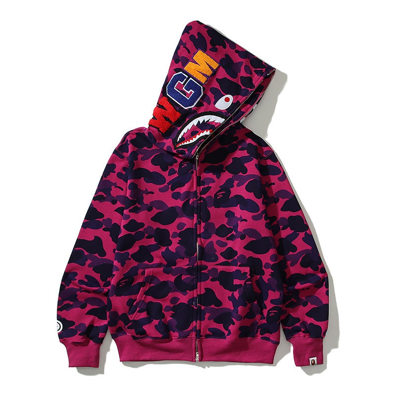 Japanese Style Trendy Brand Shark Camouflage Printed Velvet Sweatshirt For Men And Women Couples Casual Zipper Cardigan Hooded Hip-Hop Jacket - Image 1