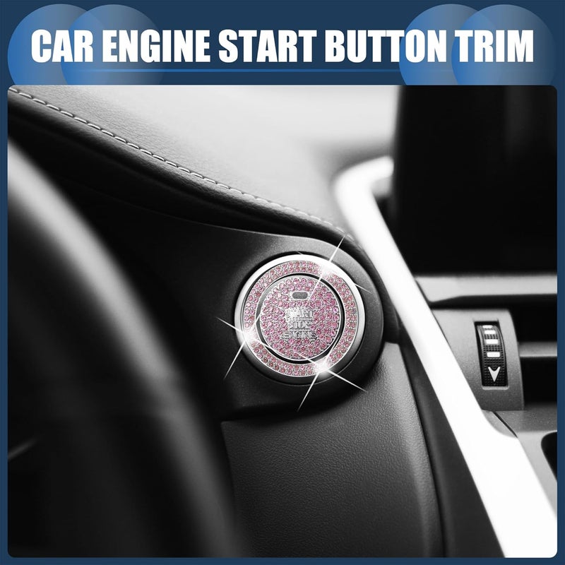 INFINAUTO غطاء زر بدء/إيقاف تشغيل المحرك العالمي اللامع للسيارة، ملصق حلقة زر بدء التشغيل بنقرة واحدة، تقليم زر الإشعال بأحجار الراين الكريستالية المقلدة وردي، مجموعة واحدة طرق استخدام متعددة - Image 3