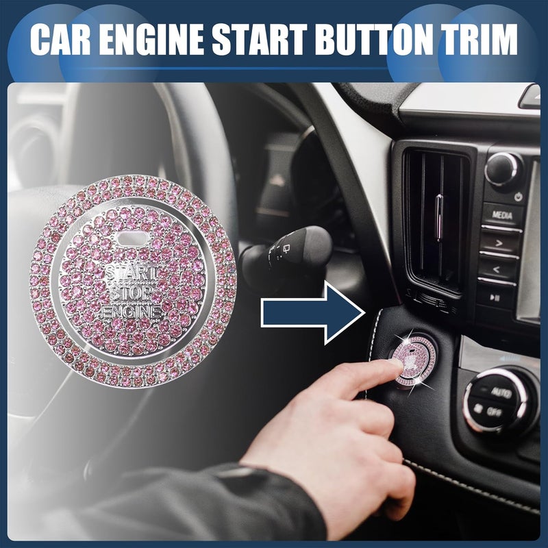 INFINAUTO غطاء زر بدء/إيقاف تشغيل المحرك العالمي اللامع للسيارة، ملصق حلقة زر بدء التشغيل بنقرة واحدة، تقليم زر الإشعال بأحجار الراين الكريستالية المقلدة وردي، مجموعة واحدة طرق استخدام متعددة - Image 2
