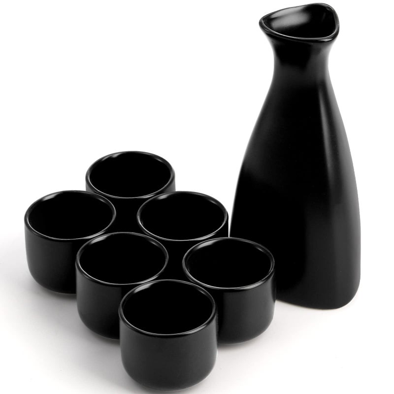 Tosnail Tosnail 7 Pieces Ceramic Japanese Sake Set 1 Serving Carafe and 6 Cups  Black 