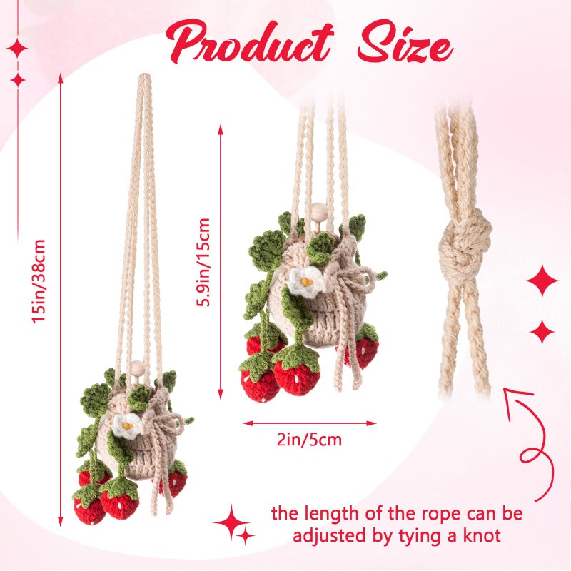 DaisyInner Cute Crochet Plant Car Freshener 12ml Empty Refillable Diffuser Bottle with Plants Hanging Accessories for Rearview Mirror Home Office Decor Women Mother's Day Gifts(Strawberry) - Image 2