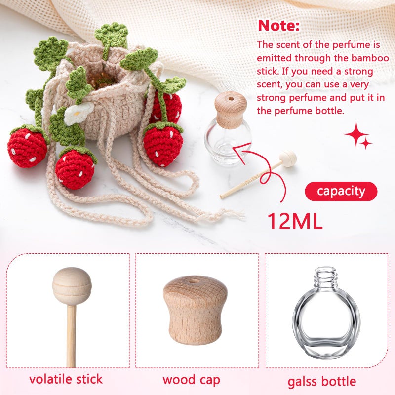 DaisyInner Cute Crochet Plant Car Freshener 12ml Empty Refillable Diffuser Bottle with Plants Hanging Accessories for Rearview Mirror Home Office Decor Women Mother's Day Gifts(Strawberry) - Image 3