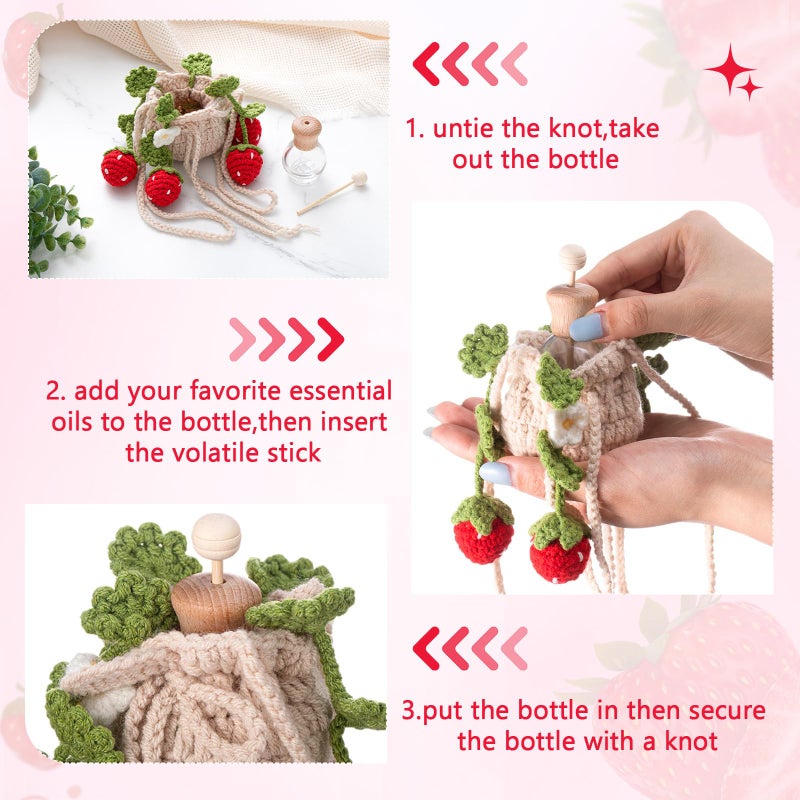 DaisyInner Cute Crochet Plant Car Freshener 12ml Empty Refillable Diffuser Bottle with Plants Hanging Accessories for Rearview Mirror Home Office Decor Women Mother's Day Gifts(Strawberry) - Image 4