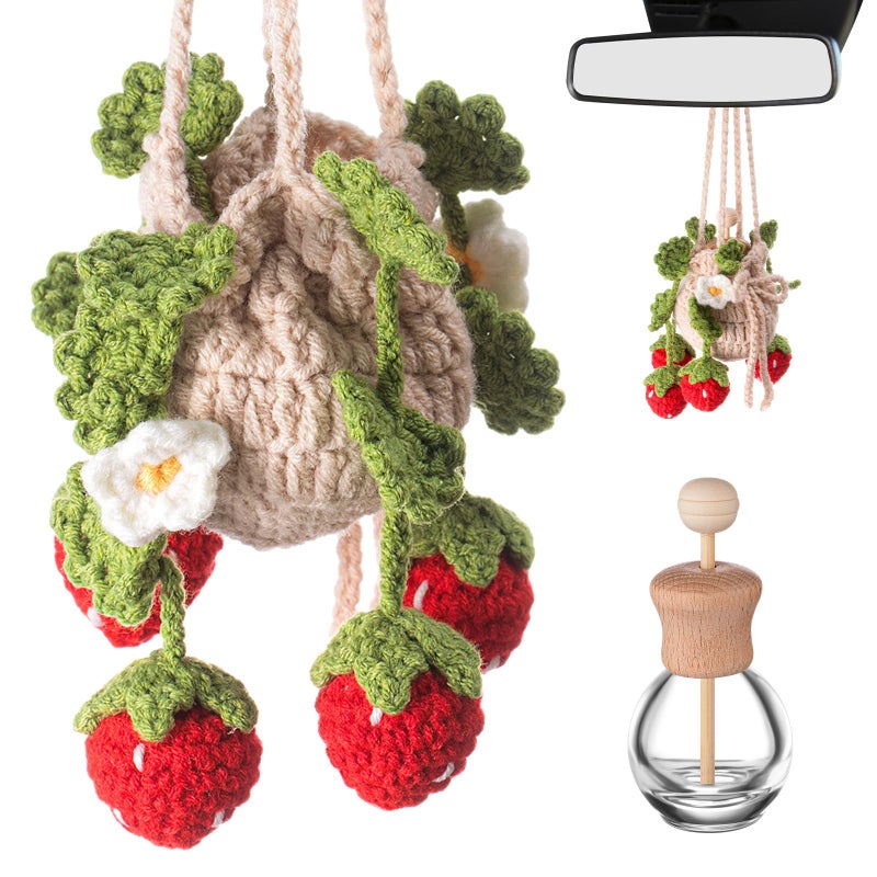 DaisyInner Cute Crochet Plant Car Freshener 12ml Empty Refillable Diffuser Bottle with Plants Hanging Accessories for Rearview Mirror Home Office Decor Women Mother's Day Gifts(Strawberry) - Image 1