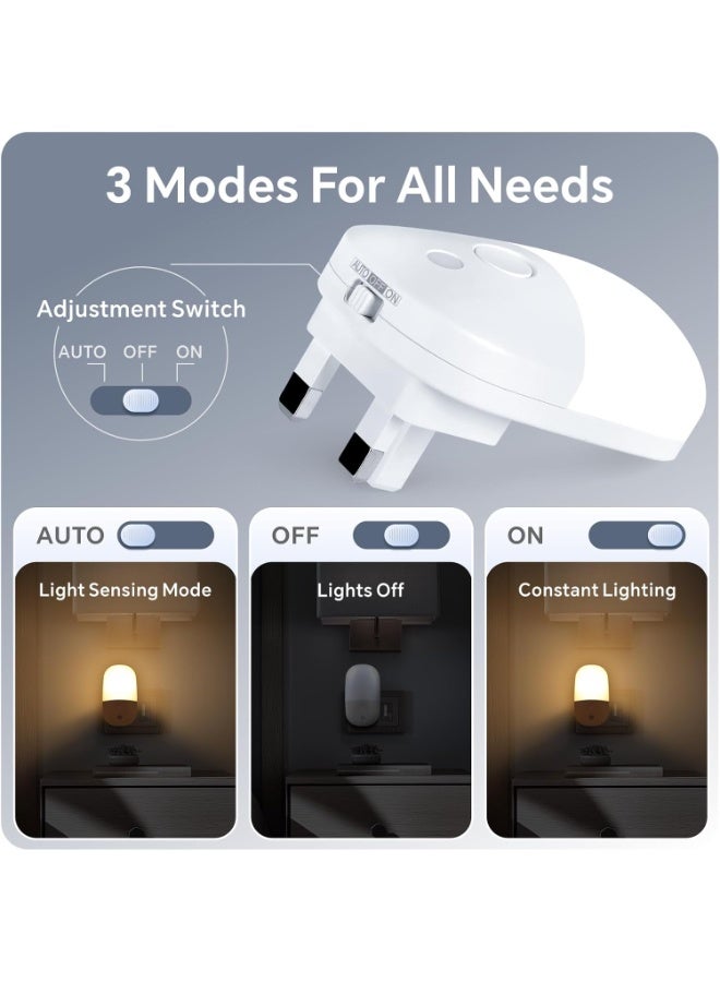 Baytion LED Night Light 2700K 2PCS, Night Lights with 3 Adjustable Brightness Modes Smart Light Sensor 0.5W Warm Yellow Light UK Plug Night Lamp for Bathroom Corridor Bedroom Staircase - Image 3