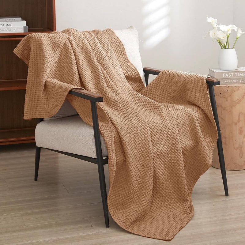 PHF 100% Cotton Waffle Weave Throw Blanket 50" x 60"-Lightweight Washed Soft Breathable Blanket for Adults and Kids-Great Blanket Layer for Couch Bed Sofa-Elegant Home Decoration-Standstone - Image 1