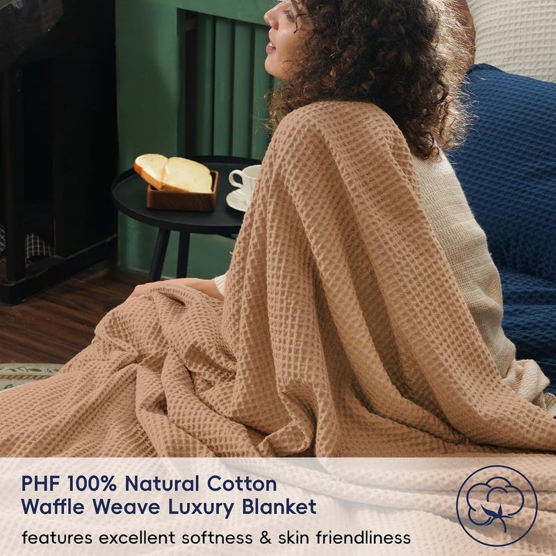 PHF 100% Cotton Waffle Weave Throw Blanket 50" x 60"-Lightweight Washed Soft Breathable Blanket for Adults and Kids-Great Blanket Layer for Couch Bed Sofa-Elegant Home Decoration-Standstone - Image 2