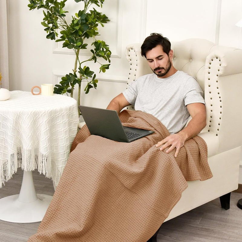 PHF 100% Cotton Waffle Weave Throw Blanket 50" x 60"-Lightweight Washed Soft Breathable Blanket for Adults and Kids-Great Blanket Layer for Couch Bed Sofa-Elegant Home Decoration-Standstone - Image 5