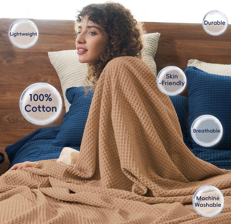 PHF 100% Cotton Waffle Weave Throw Blanket 50" x 60"-Lightweight Washed Soft Breathable Blanket for Adults and Kids-Great Blanket Layer for Couch Bed Sofa-Elegant Home Decoration-Standstone - Image 3