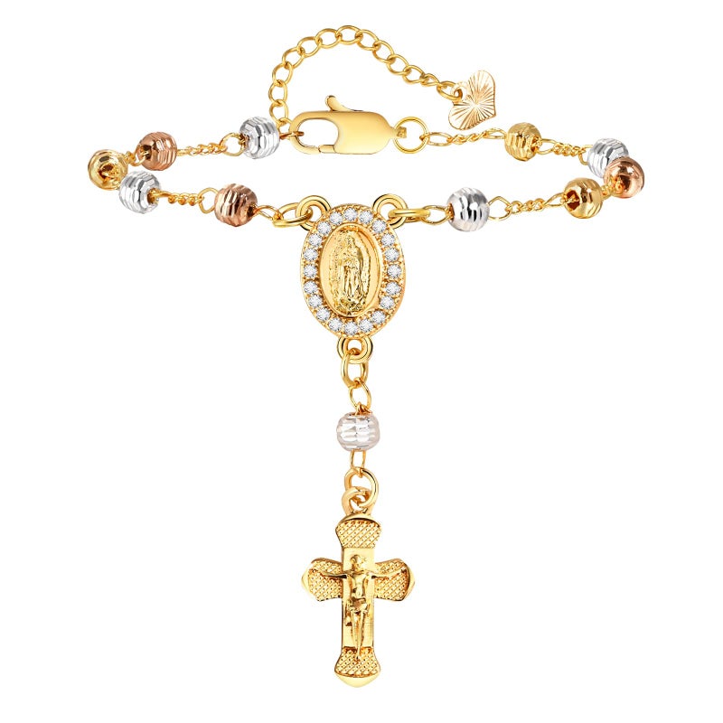 FLHEART Catholic Crucifix Gifts Rosary Bracelet for Women-14K gold plated Virgin Mary Jesus Cross Charm Link Chain, Dainty Virgen de Guadalupe Religious Gift for Confirmation Baptism First Communion Easter - Image 1