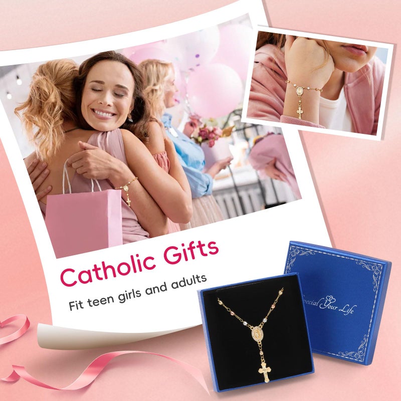 FLHEART Catholic Crucifix Gifts Rosary Bracelet for Women-14K gold plated Virgin Mary Jesus Cross Charm Link Chain, Dainty Virgen de Guadalupe Religious Gift for Confirmation Baptism First Communion Easter - Image 5