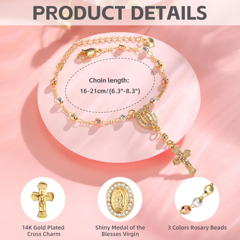 FLHEART Catholic Crucifix Gifts Rosary Bracelet for Women-14K gold plated Virgin Mary Jesus Cross Charm Link Chain, Dainty Virgen de Guadalupe Religious Gift for Confirmation Baptism First Communion Easter - Image 3