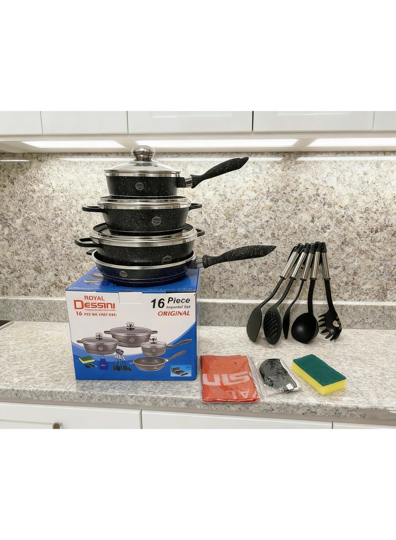 DESSINI 16-Piece Granite Non-Stick Cookware Set | Induction & Gas Stove Compatible Pots & Pans with Utensils - Durable, Easy to Clean,granite cookware、non stick pots and pans、induction compatible cookware, Complete Kitchen Set for Family Cooking, Pans with Lids + Kitchen Utensils - Perfect for Home Cooking & Gifting, Works on All Stoves - Image 2