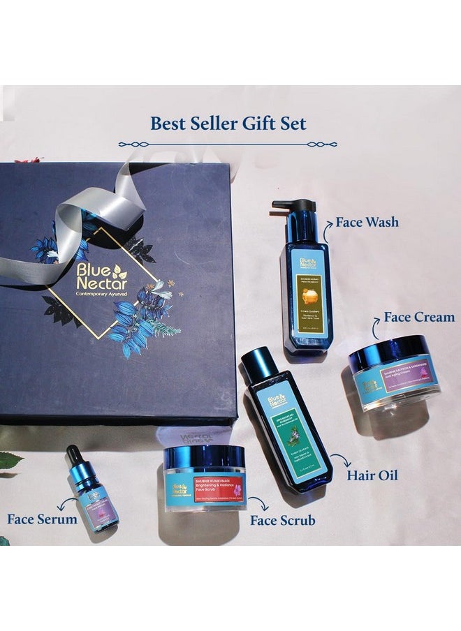 Blue Nectar Bestsellers Gift Set For Women & Men Kumkumadi Face Serum Anti Aging Cream Hair Oil Face Wash & Scrub Gift Box For Birthday Anniversary & Special Occasions For All Skin Types  - Image 2
