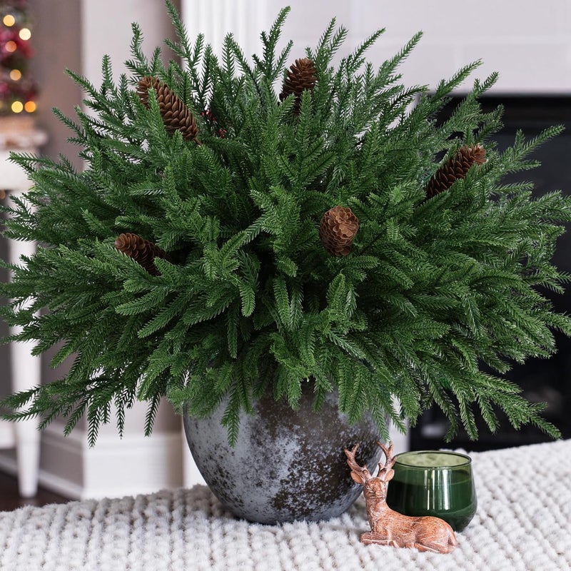 HyeFlora 19 Inch Christmas Norfolk Pine Stems, 12PCS Real Touch Faux Cedar Pine with 5PCS Big Pine Cones Branches, Artificial DIY Greenery Stems Plastic Picks for Vase Indoor Outdoor Home Garden Décor - Image 1