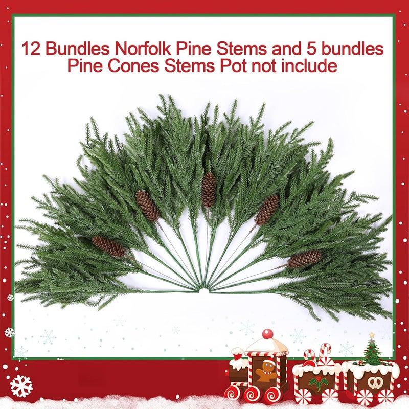 HyeFlora 19 Inch Christmas Norfolk Pine Stems, 12PCS Real Touch Faux Cedar Pine with 5PCS Big Pine Cones Branches, Artificial DIY Greenery Stems Plastic Picks for Vase Indoor Outdoor Home Garden Décor - Image 3