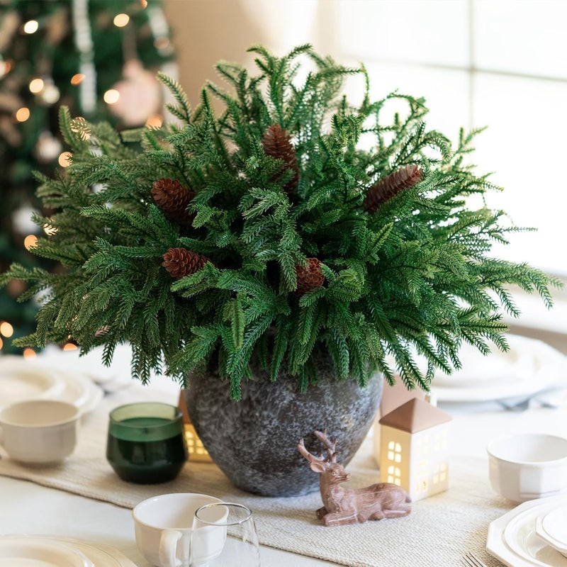HyeFlora 19 Inch Christmas Norfolk Pine Stems, 12PCS Real Touch Faux Cedar Pine with 5PCS Big Pine Cones Branches, Artificial DIY Greenery Stems Plastic Picks for Vase Indoor Outdoor Home Garden Décor - Image 2