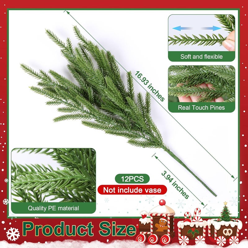 HyeFlora 19 Inch Christmas Norfolk Pine Stems, 12PCS Real Touch Faux Cedar Pine with 5PCS Big Pine Cones Branches, Artificial DIY Greenery Stems Plastic Picks for Vase Indoor Outdoor Home Garden Décor - Image 5